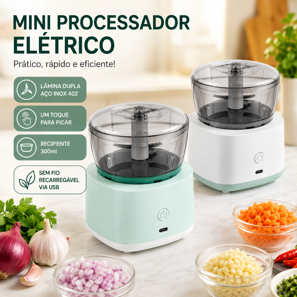 Mini Processador Elétrico 300ml Recarregável USB-C com Lâminas em 3 Níveis e Batedor de Plástico