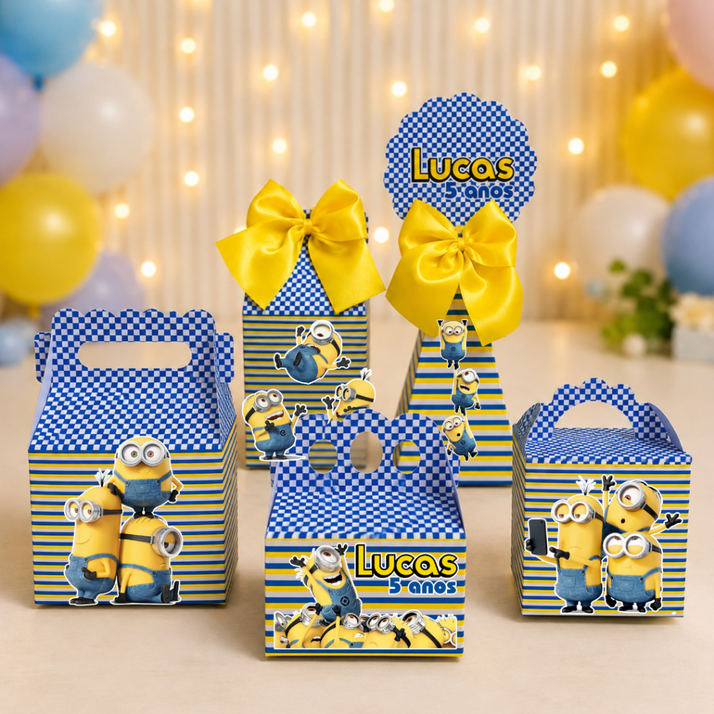 Kit Festa Minions Lembrancinha Personalizada Aniversário Infantil Caixas Desmontadas