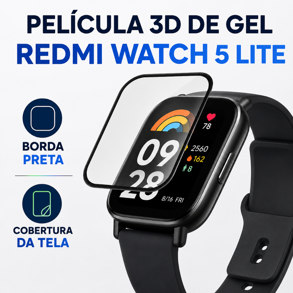 Película Gel 3D com Borda Preta para Xiaomi Redmi Watch 5 Lite Protetor de Tela 