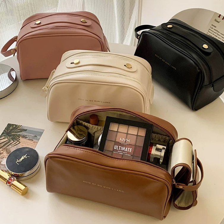 Bolsa Necessaire Couro PU Organizador Cosmético Maquiagem Zíper Dupla Para Viagem