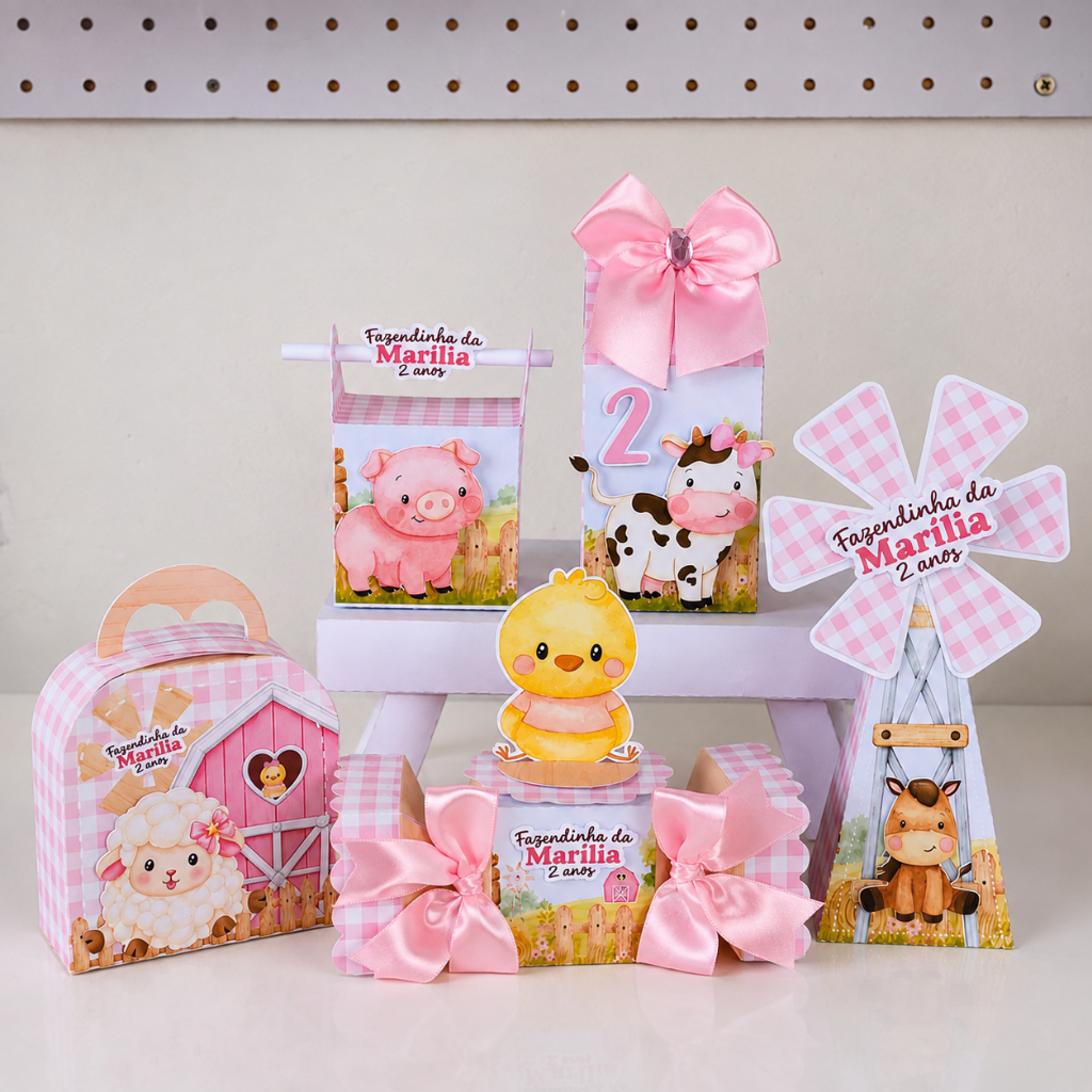 kit festa - Lembrancinhas personalizada fazendinha rosa menina - caixinhas festa infantil decoração