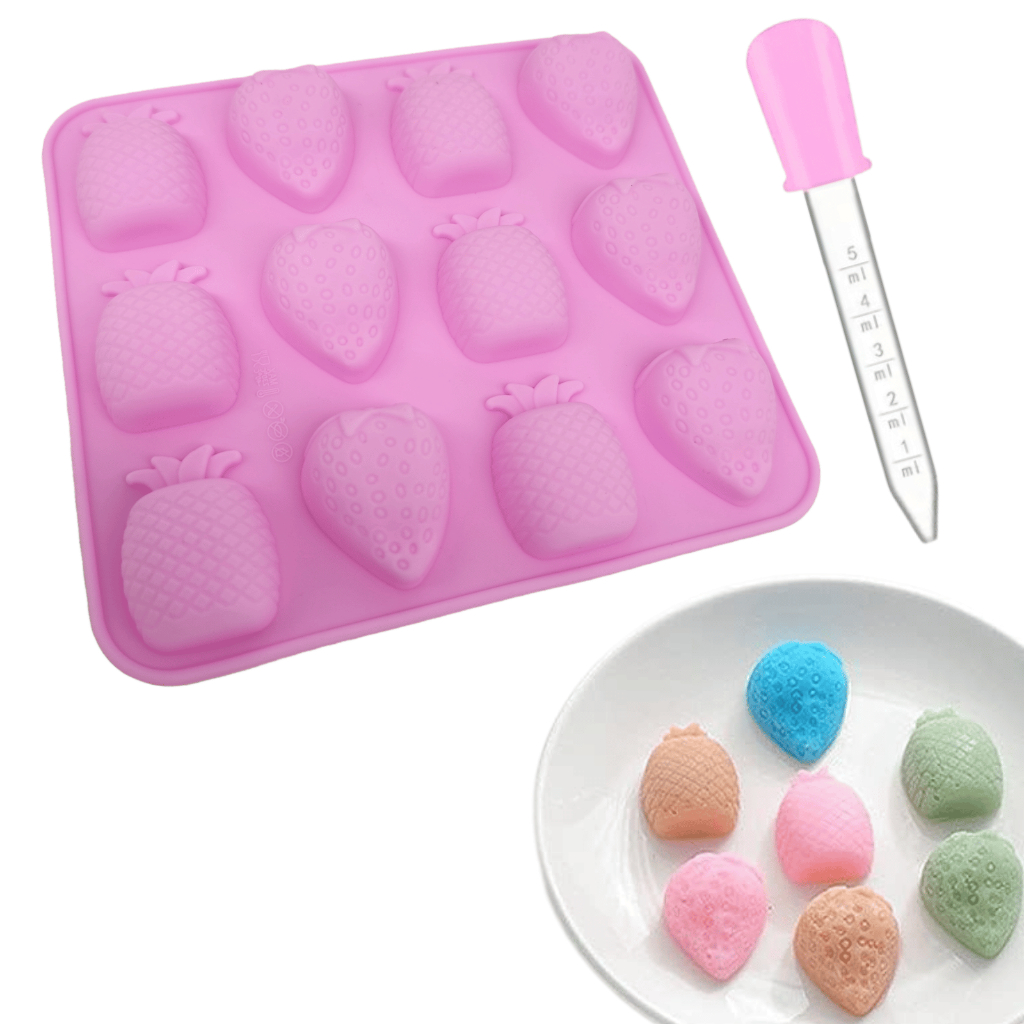Kit Molde de Silicone Frutas Abacaxi Morango com Conta Gotas Chocolate Goma Forma 12 cavidades Doce