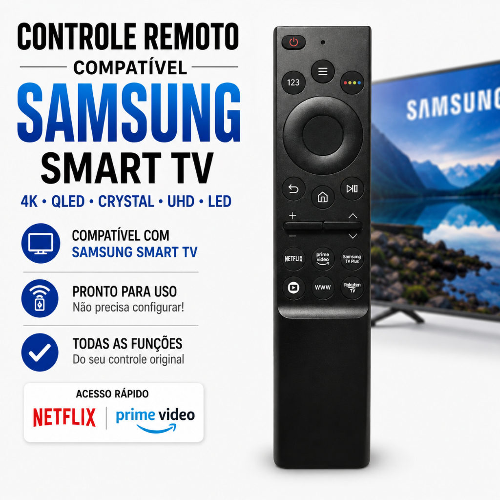 Controle Remoto Compatível Samsung Smart TV 4K QLED Crystal Netflix Prime Video 