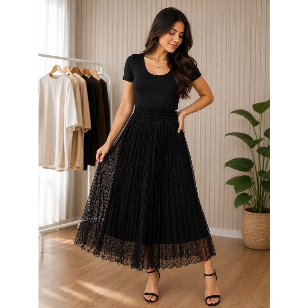 Saia midi plissado duplo em tule forrado moda feminino