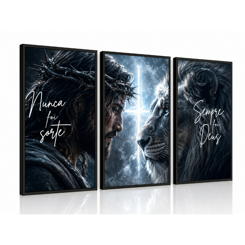 Kit 3 Quadros Decorativos Religiosos Jesus e Leão "Nunca Foi Sorte Sempre Foi Deus"