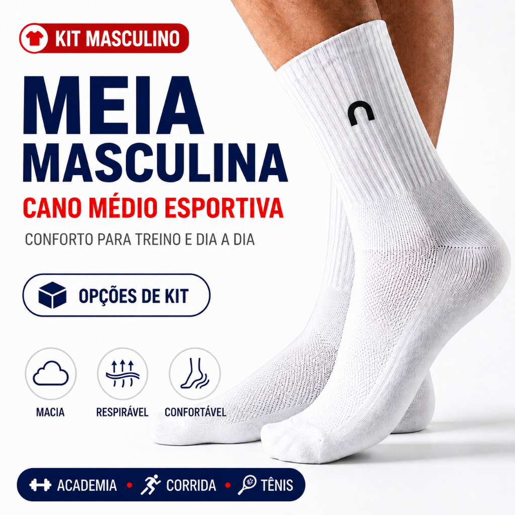 Kit até 6 Pares Meia Masculina Cano Médio Esportiva Algodão Academia Corrida
