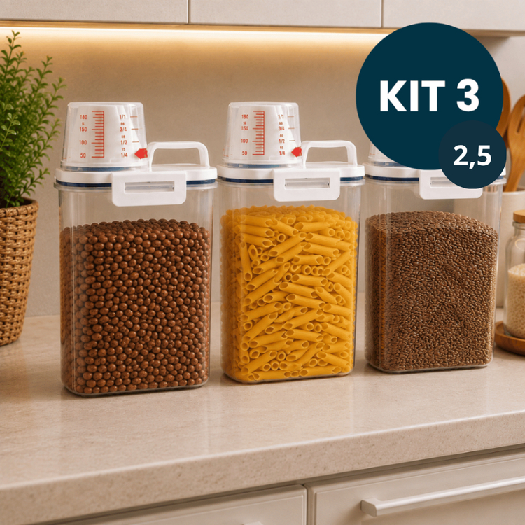 Kit 3 Pote Hermético Para Alimentos Arroz Mantimento Sabão Ração Copo Bico Dosador Tampa 2,5 L