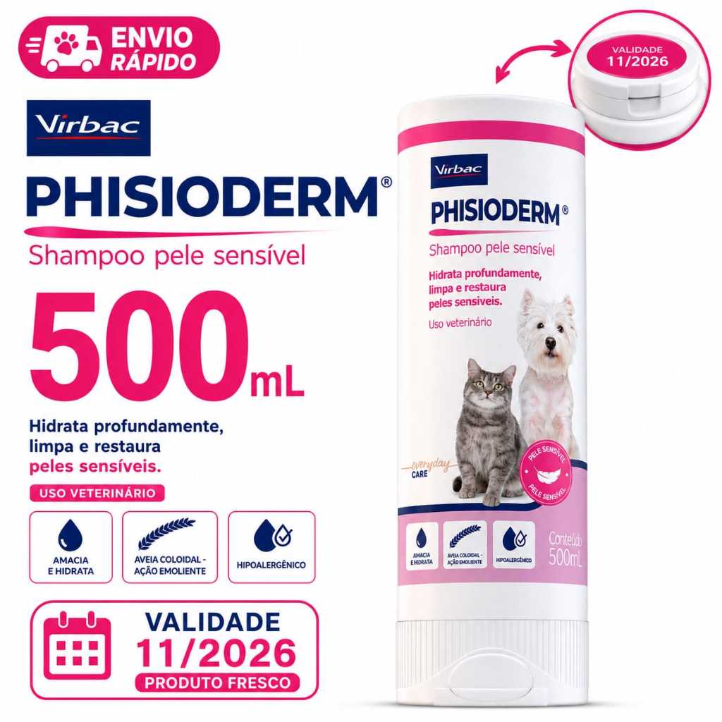 Shampoo Phisioderm® Pele Sensível Virbac 500 mL – Cães e Gatos