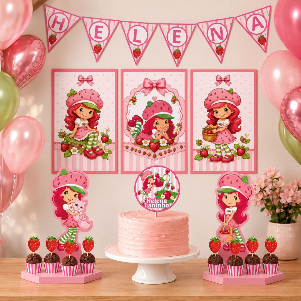KIT FESTA MORANGUINHO - MORANGO/PERSONALIZADOS BOLINHO ANIVERSÁRIO/ MESVERSÁRIO LEMBRANCINHAS