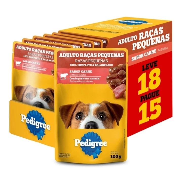 18 unidadesRação Úmida para Cachorro Pedigree Premium Adulto Raças Pequenas Sachê Carne 100g