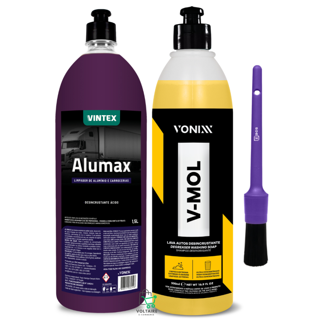 Vonixx Kit Desincrustante V-Mol 500ml + Alumax 1,5L + Pincel Detalhamento Limpeza Pesada Motor e Rodas