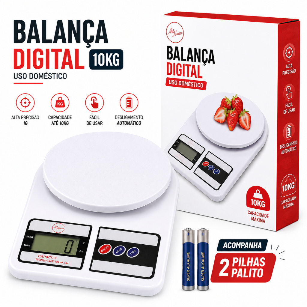 Balança Cozinha Digital 10kg Alta Precisão Branco Confeitaria Fitness