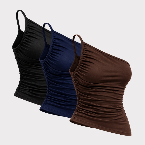 Blusa Feminina Alça Fina Forrada Assimétrica Plissada com Elástico em Suplex Duplo Blogueira Tendencia moda Gringa Verão