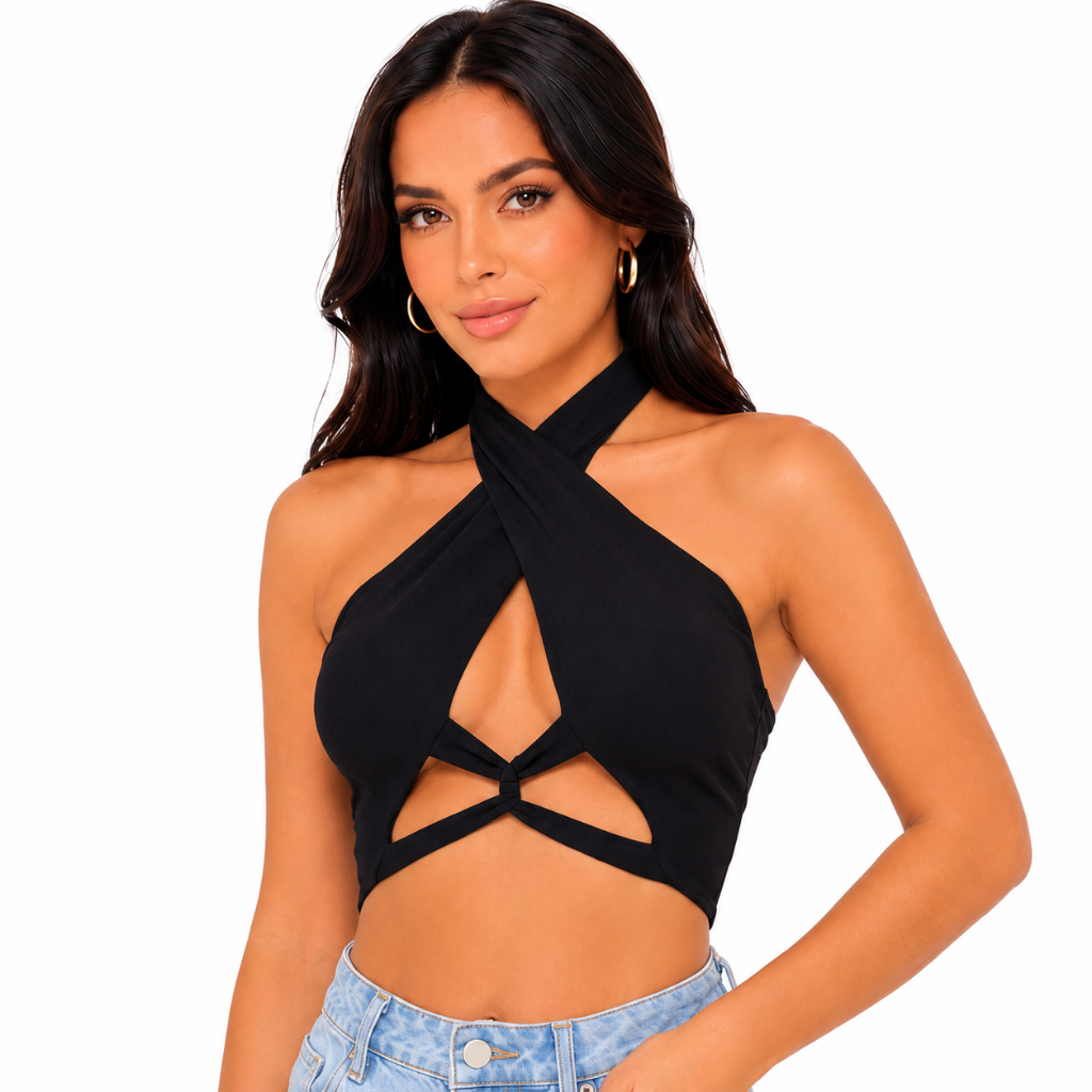 Cropped Top Feminino sem Bojo Sem Amarração Trançado Verão Decote Moda Duplo Cruzado