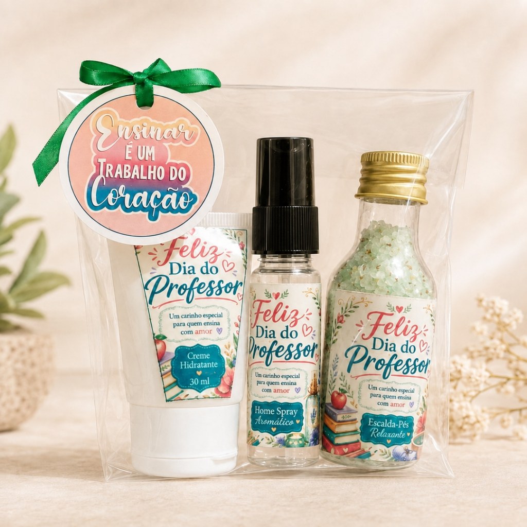 Kit Presente Dia dos Professores Mini Hidratante + Home Spray + Escalda Pés | Lembrancinha Professora Professor