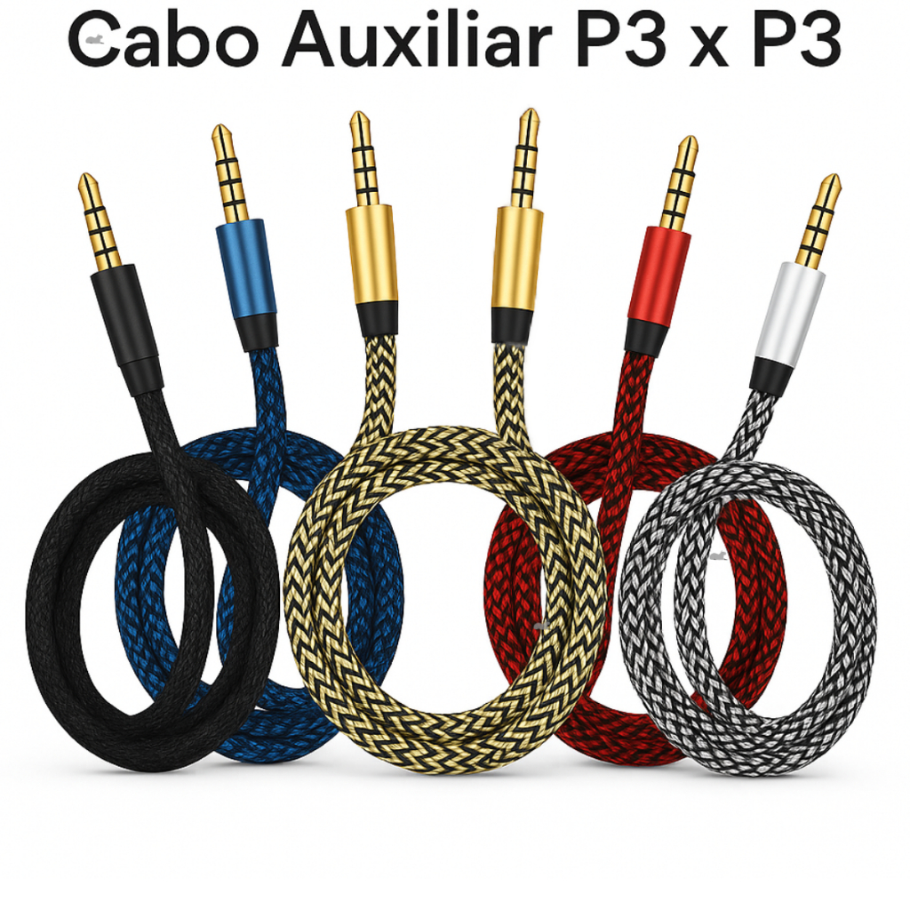 Cabo Auxiliar P3 x P3 3.5mm Estéreo 1,5m Nylon Reforçado Para Celular Carro Som Fone PC Notebook