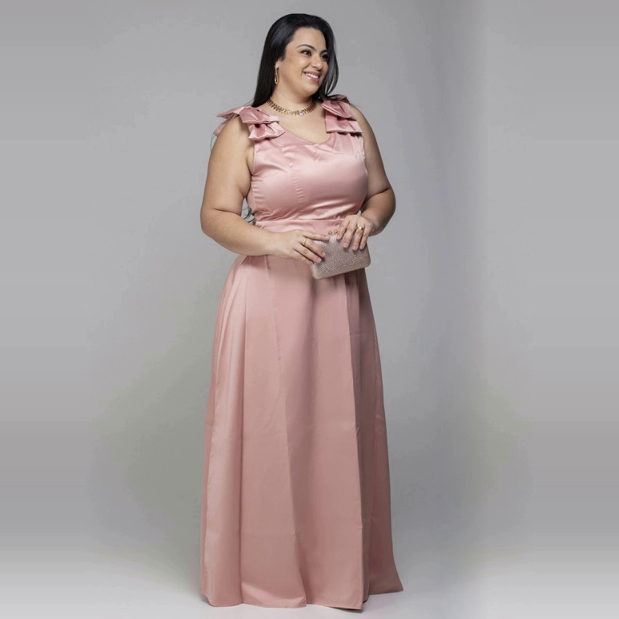 Vestido Festa Plus Size Longo Crepe Madrinha 2 Laços Elegante Removivel