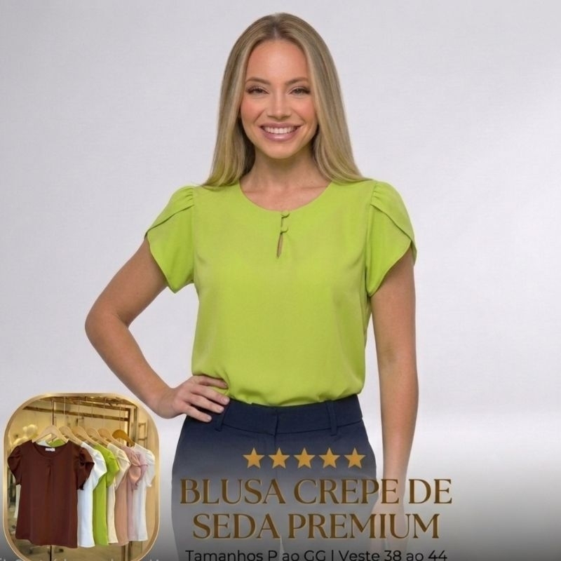 Blusa Feminina Manga Curta Princesa Gota Botão Crepe de Seda Premium Conforto Chique P/GG