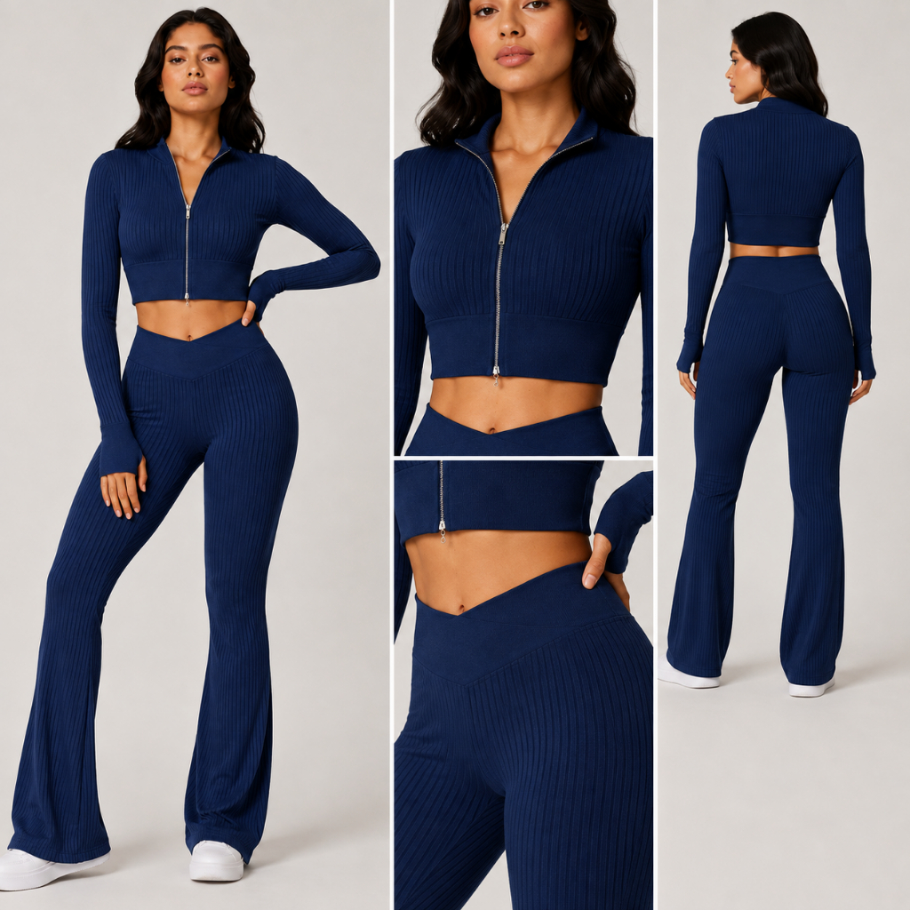 Conjunto Fitness Feminino Flare Canelado Premium Cropped Manga Longa com Dedeira Cintura Alta Academia Yoga Casual