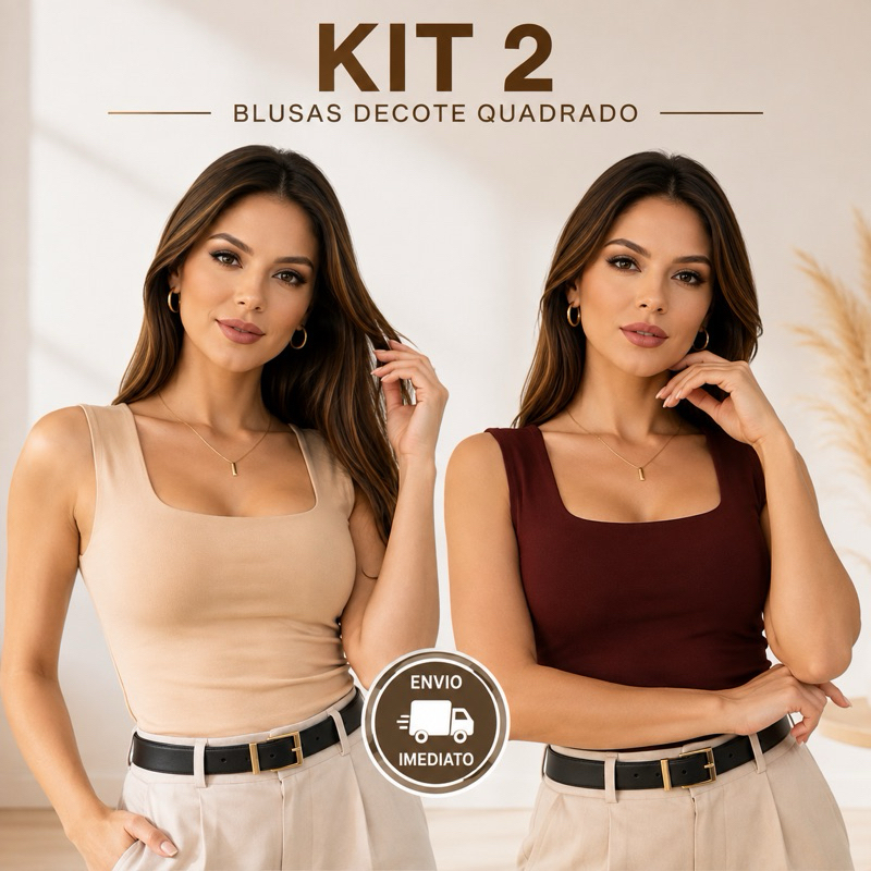 Kit 2 Blusa Regata Decote Quadrado Cropped Suplex Premium Moda Básica Feminina