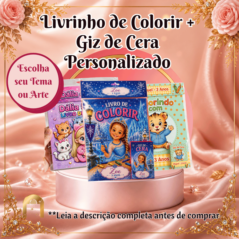 Livro de Colorir Personalizado com Nome + Mini Giz | Lembrancinha Festa Infantil Aniversário Vários Temas Menino Menina