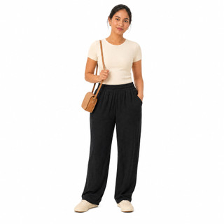 Calça Pantalona Feminina em Viscolycra com Bolsos e Cós Elástico Tecido Leve e Confortável