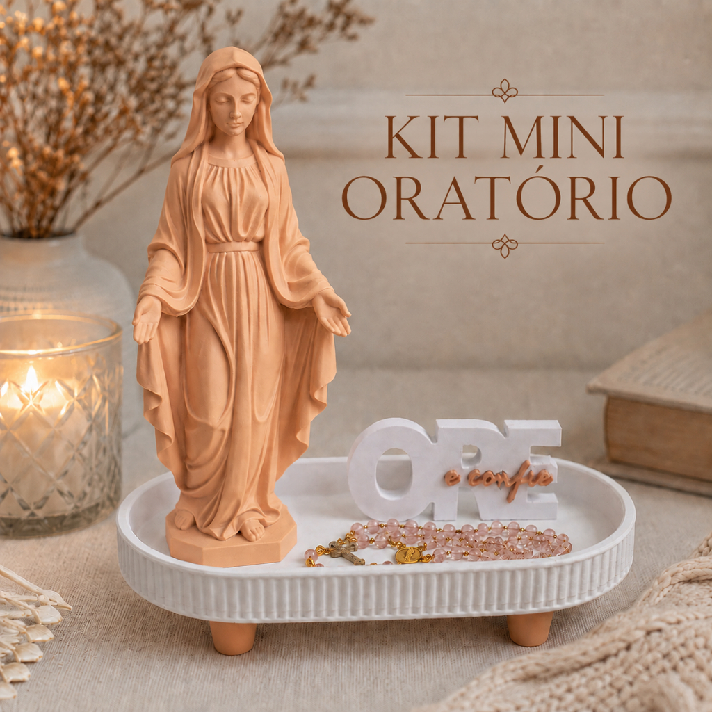 Kit Mini Oratório Nossa Senhora das Graças 20cm Estátua Católica Decoração Religiosa Presente Católico