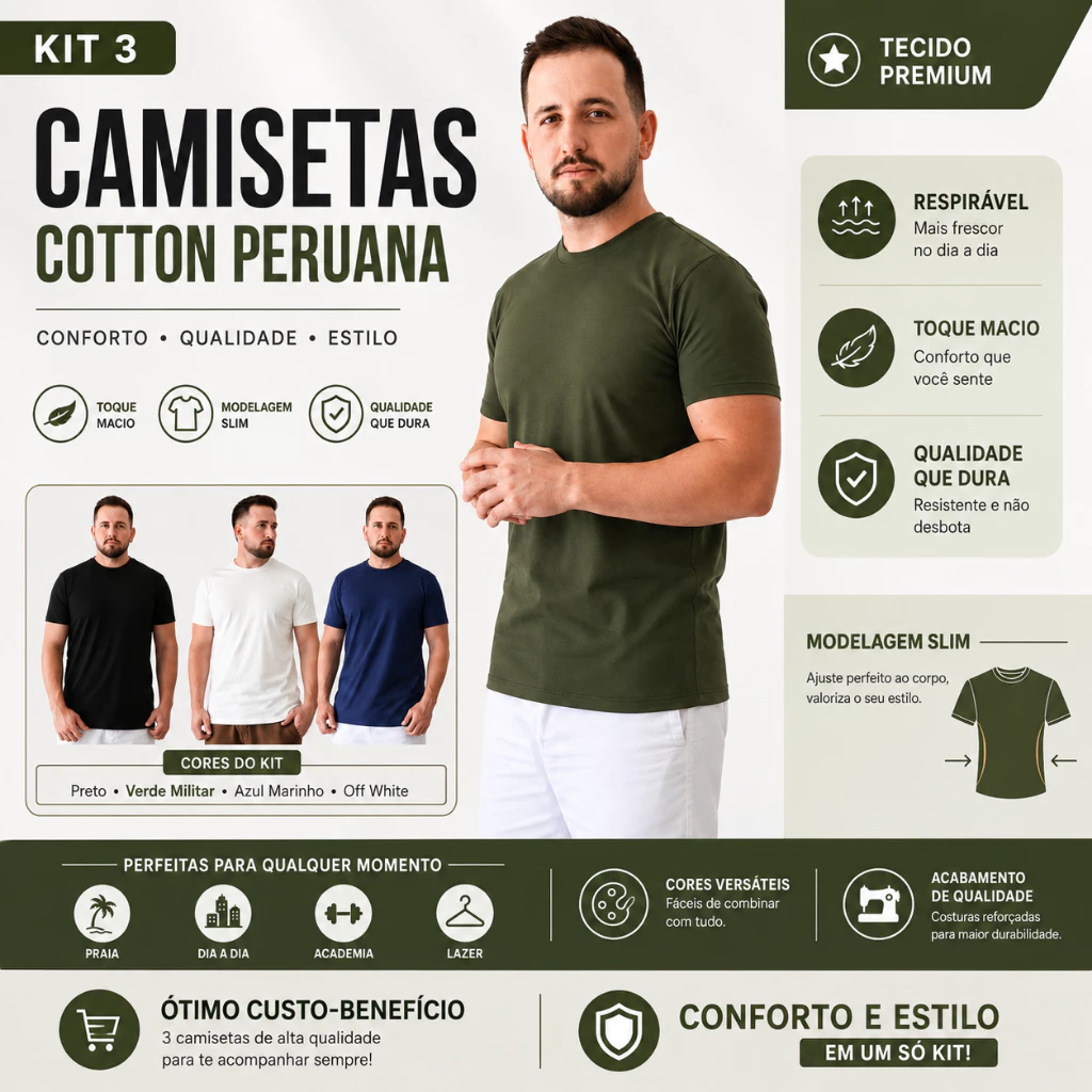 Kit 3 Camiseta Cotton Peruana Masculina Lisa 100% Algodão Casual — imagem 1