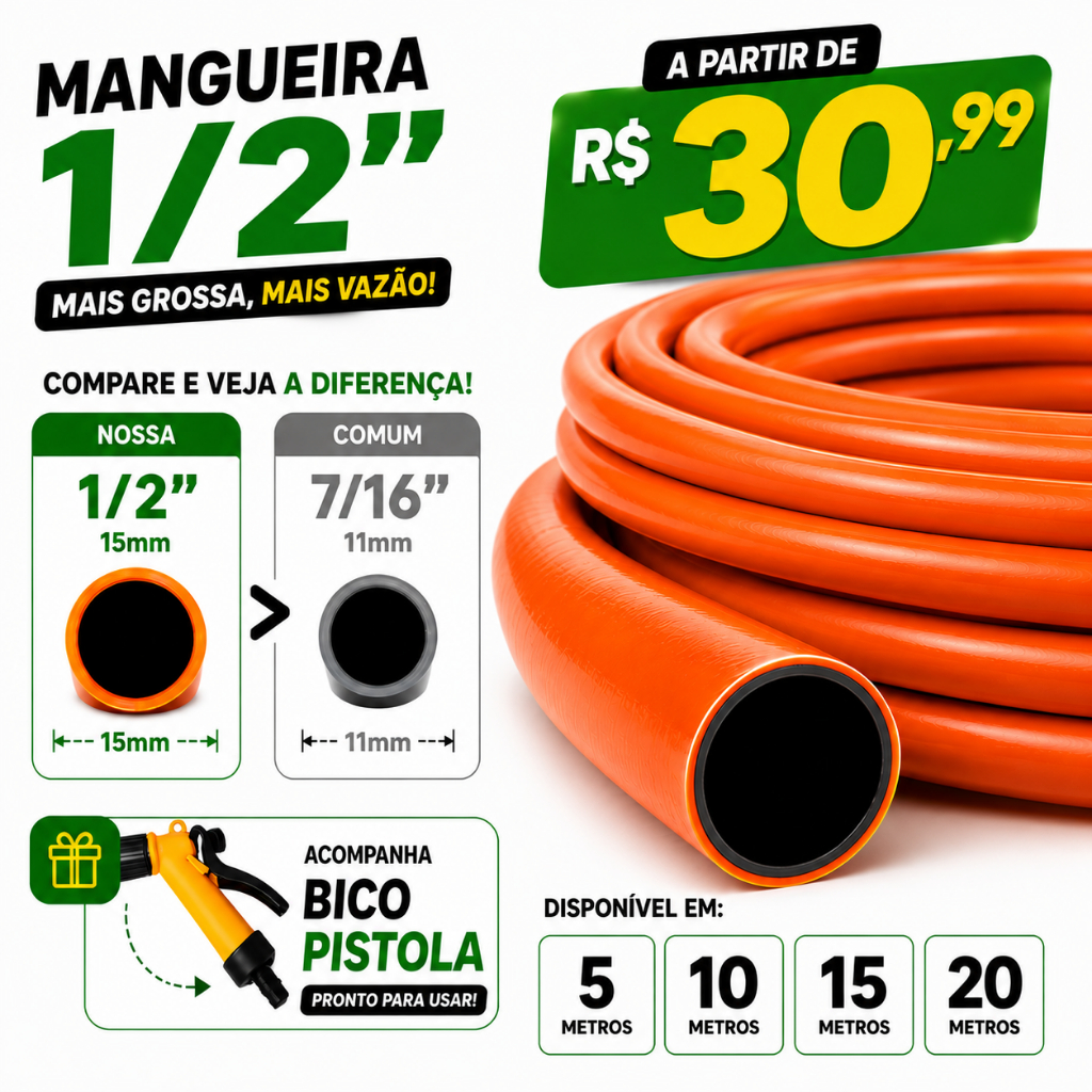 Mangueira Jardim 1/2 Polegada de 5 a 20 Metros Grossa Dupla Camada Flexivel Laranja