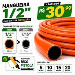 Mangueira Jardim 1/2 Polegada de 5 a 20 Metros Grossa Dupla Camada Flexivel Laranja