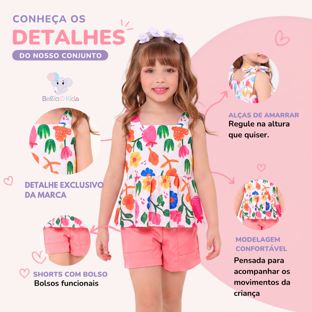 Conjunto infantil menina moda blogueira bata e bermuda princesa confortavel estampados tamanhos 2 4 6 8 10
