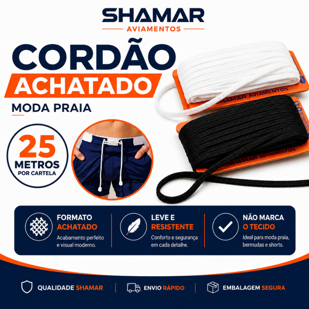 Cordão para Sunga Shorts e Bermuda Achatado Poliéster 7mm Moda Praia 25 Metros