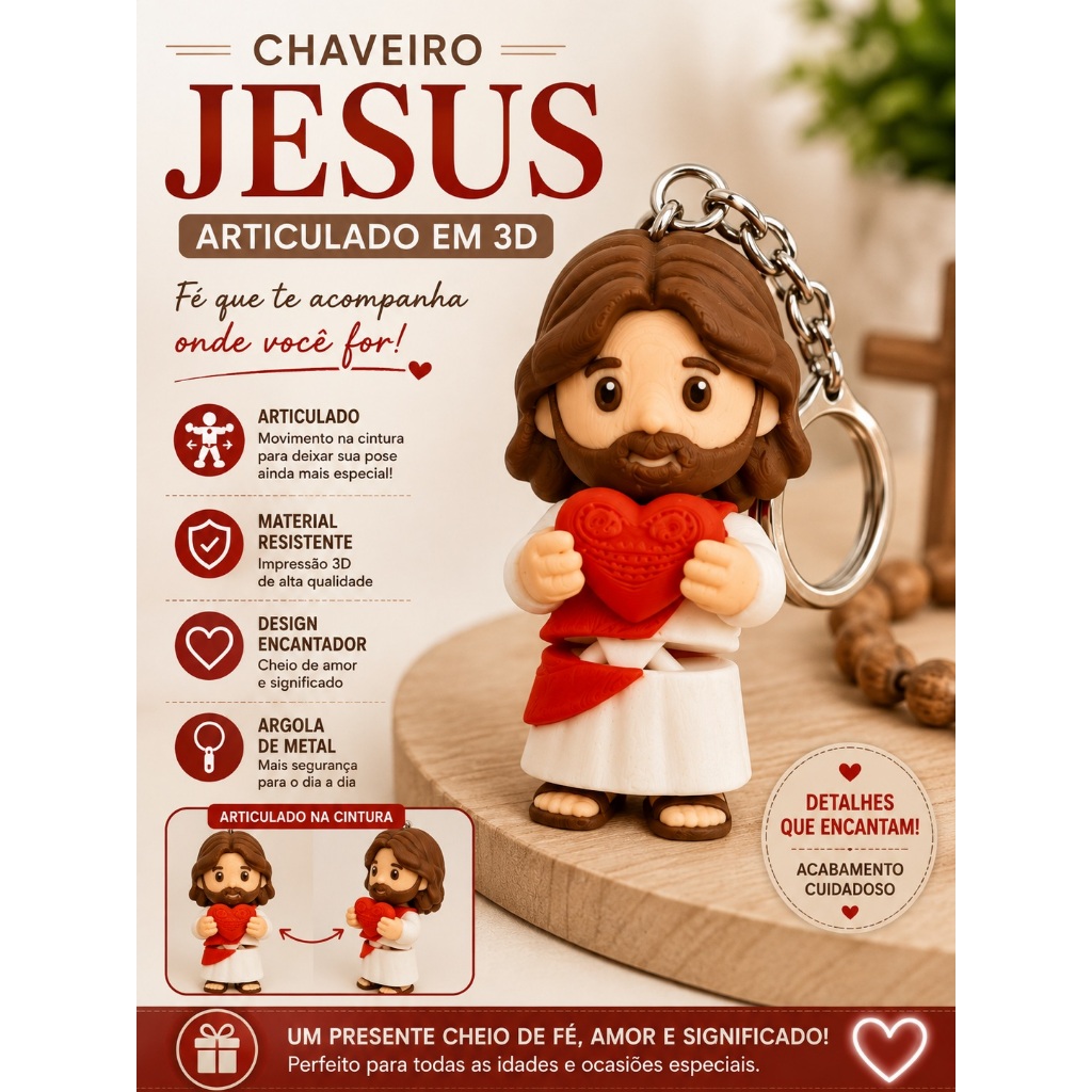 Chaveiro Jesus 3D Articulado na Cintura – Sagrado Coração Presente Religioso Católico Cristão