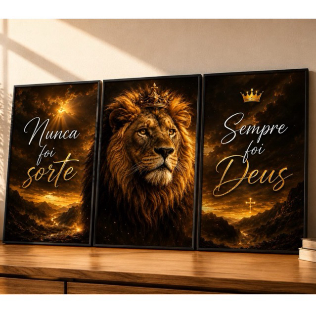 Quadros Decorativos Leão Majestoso Coroa Religioso Nunca Foi Sorte Sempre Foi Deus 3 Peças Decoração Sala Quarto