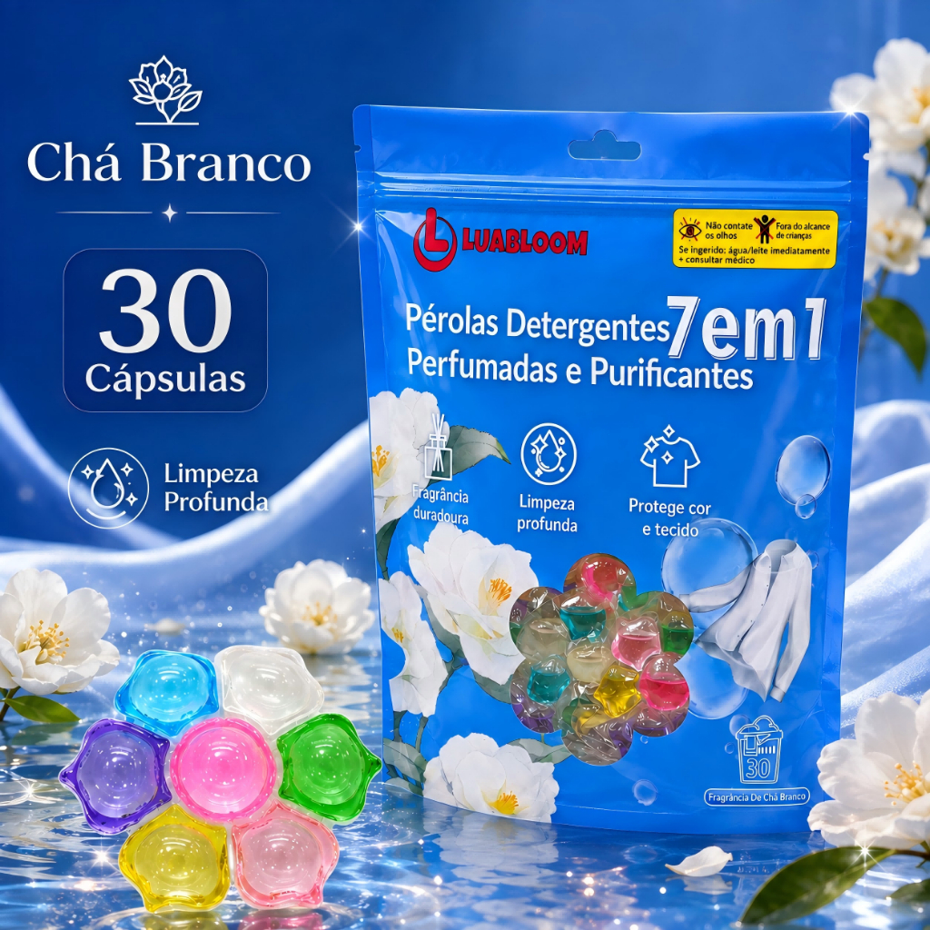 Cápsulas Lavar Roupa LUABLOOM Chá Branco 30un Sabão Líquido em Cápsula para Roupas Perfumadas