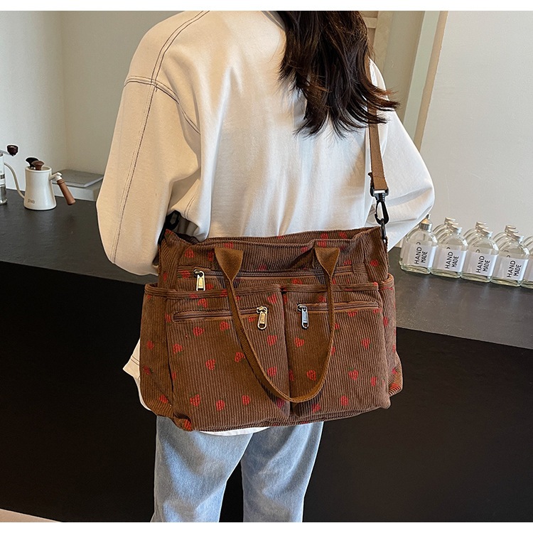 Bolsa Feminina De Cotelê Com Estampa De Morango Grande Capacidade Multi Compartimentos Alça Ajustável