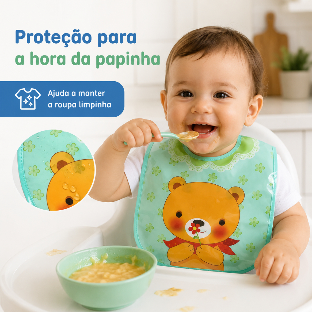 Babador Infantil Impermeável para Bebê Alimentação Introdução Alimentar Fácil de Limpar Estampado