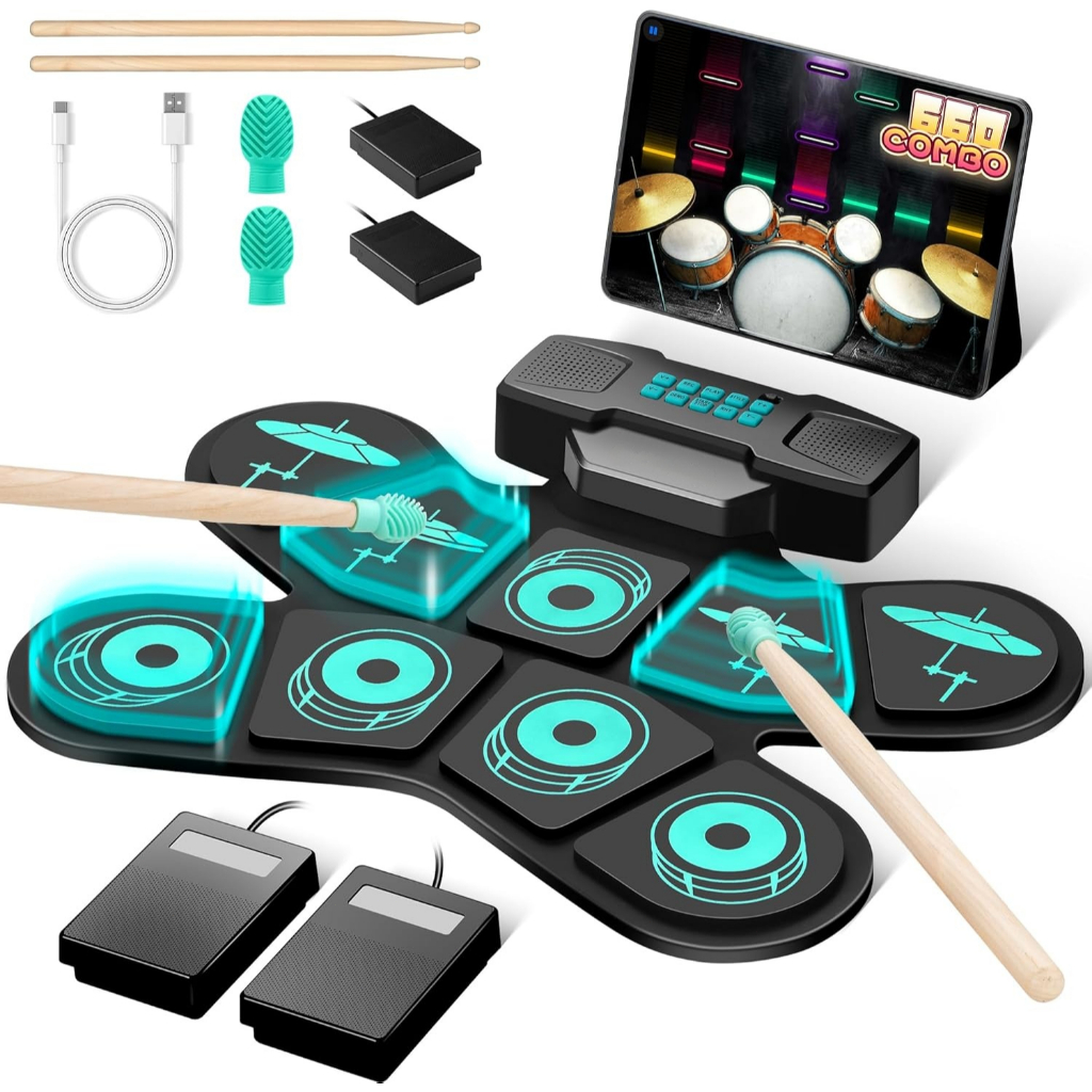 Bateria Eletrônica Portátil 9 Pads com Duplo Alto-Falante, MIDI, Kit de Prática para Iniciantes, Instrumento Musical