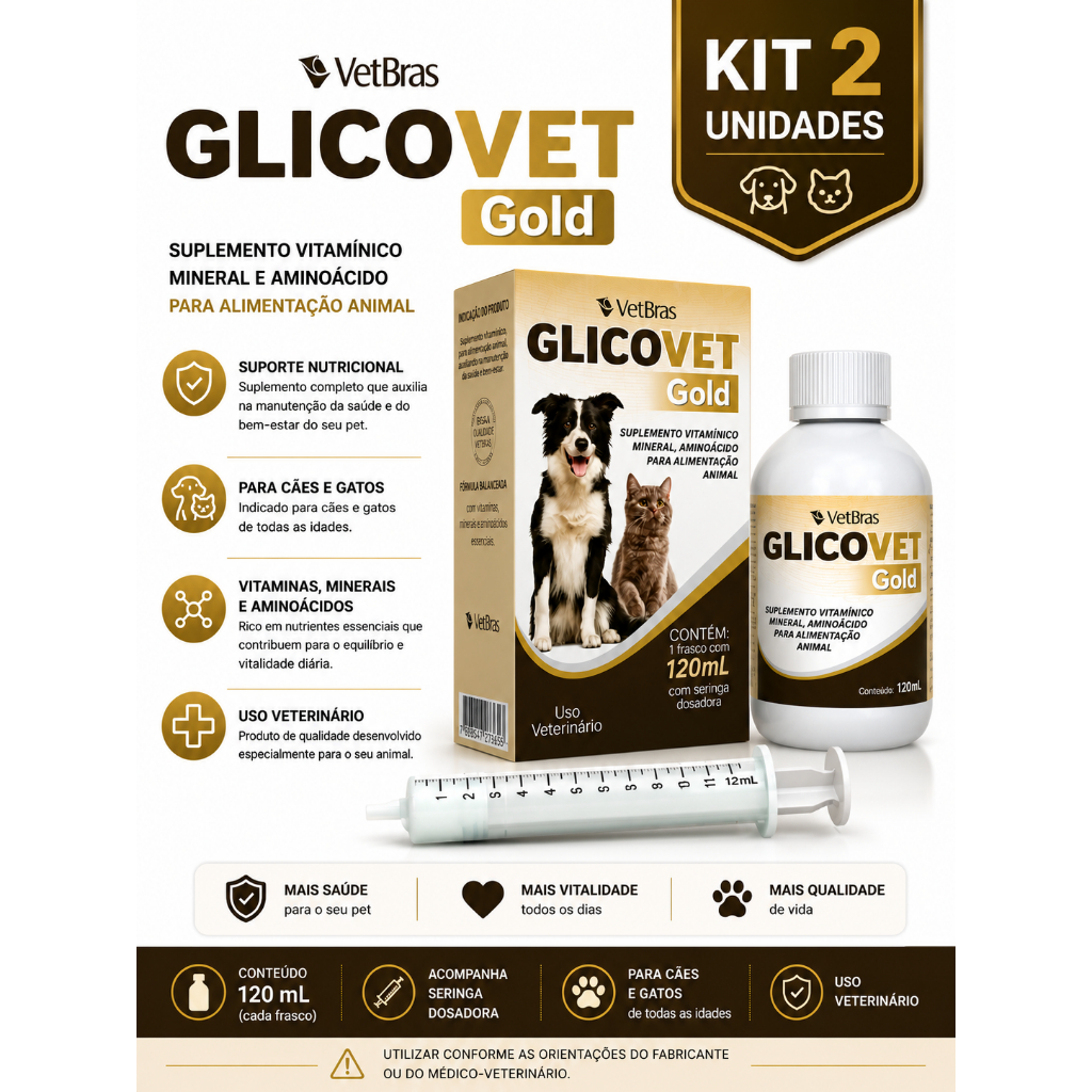 2 Unidades Glicovet Gold Suplemento Vitamínico 120ml Vetbrás
