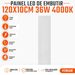 Painel Plafon LED Retangular 120cm x 10cm Embutir Foxlux 36W 4000K Branco Neutro Bivolt
