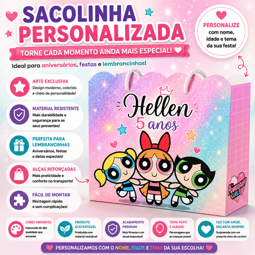 Sacolinha Personalizada Meninas Super Poderosas para Lembrancinhas | Festa Infantil Kit 05 10 15 20 25