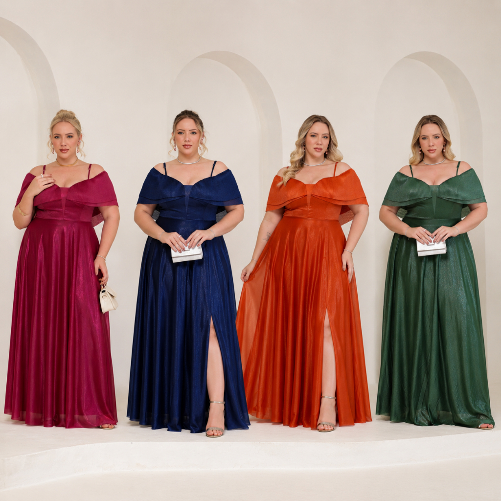 Vestido Madrinha Plus Size Convidada Festa Plissado Saia Longo Com Alça EXG G1 Tule Com Brilho