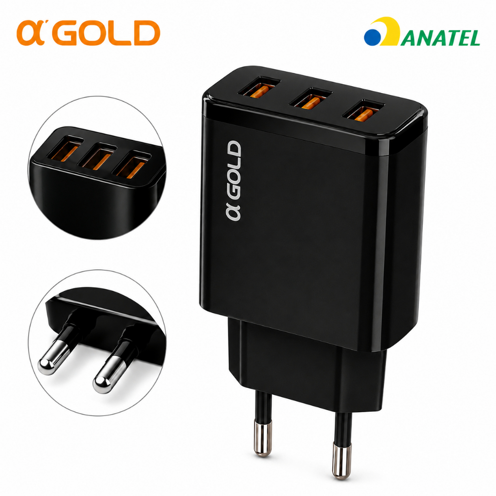 Fonte USB α'Gold 5.1A 3 Saídas Carregador Rápido Universal