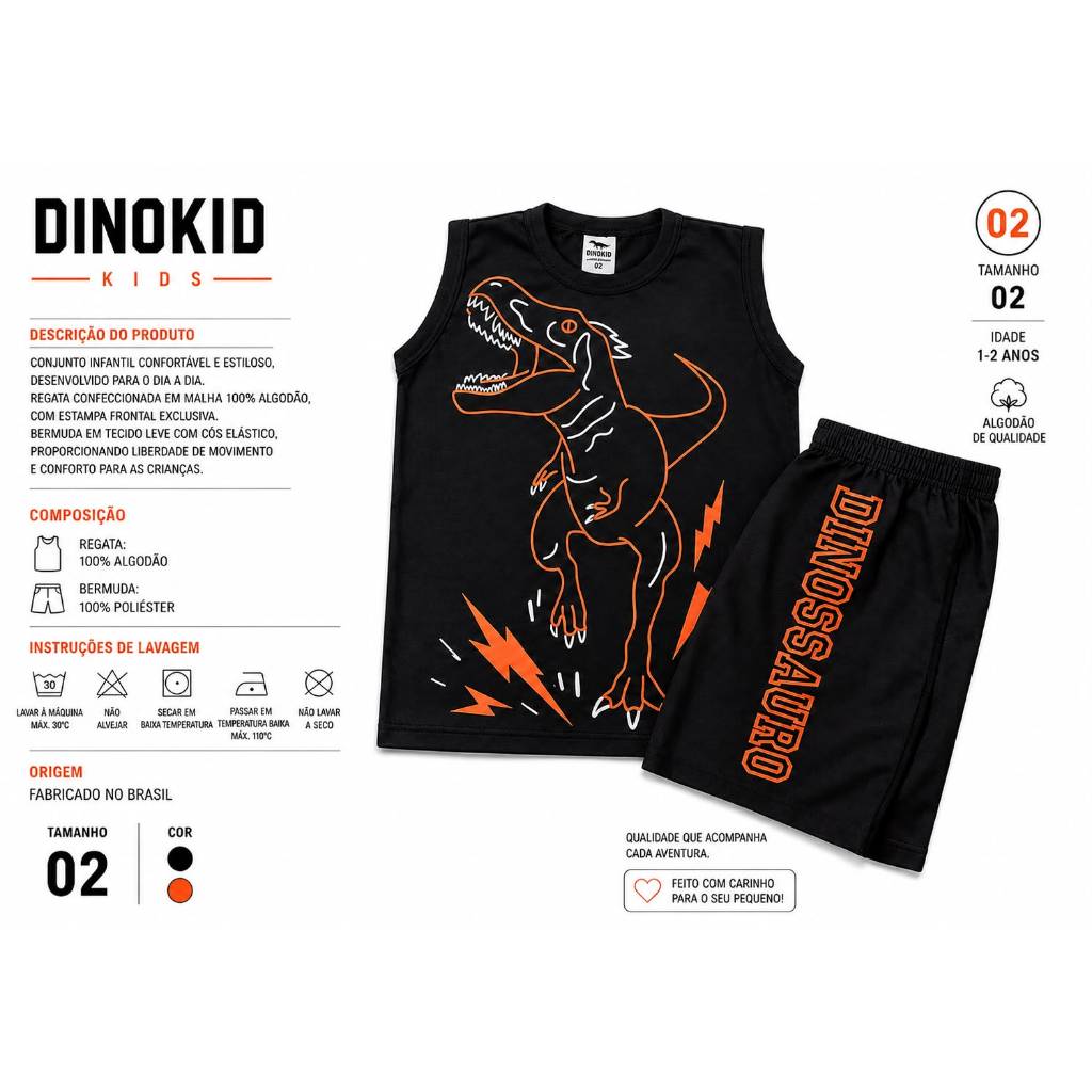 Conjunto Infantil menino Dinossauro 2 peças | Regata + Bermuda