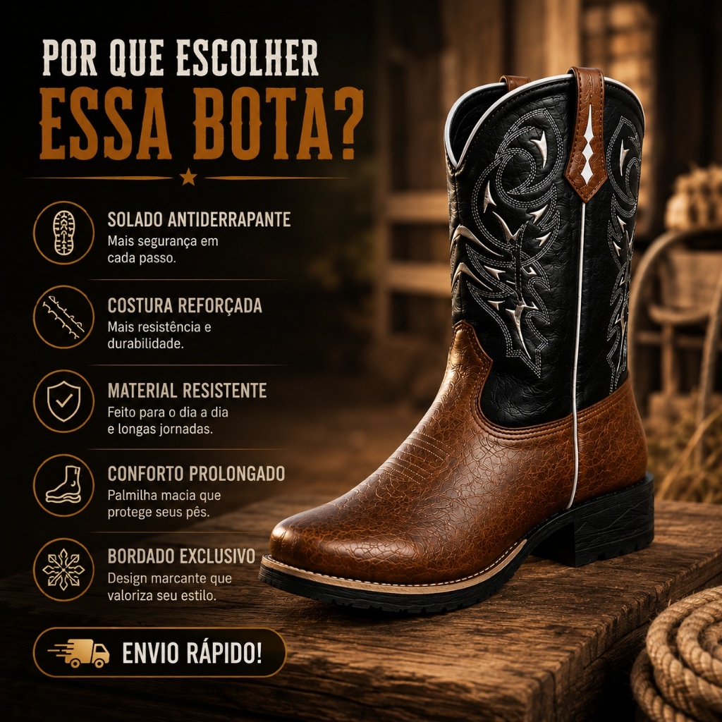 Bota Country Masculina Texana Couro Legítimo Western Bico Quadrado Cano Médio Estilo Cowboy Rodeio e Dia a Dia