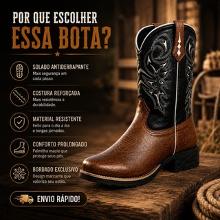 Bota Country Masculina Texana Couro Legítimo Western Bico Quadrado Cano Médio Estilo Cowboy Rodeio e Dia a Dia