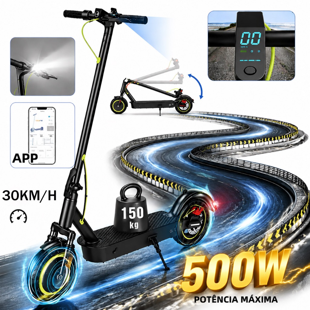 Patinete Elétrico Adulto, 500W Scooter Elétrica, Velocidade Máxima de 30 KM/H com Controle de Aplicativo Bluetooth