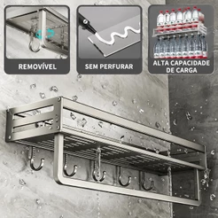 Suporte Prateleira Organizador Multiuso com Ganchos – Cozinha, Banheiro, Quarto, Sala e Lavanderia