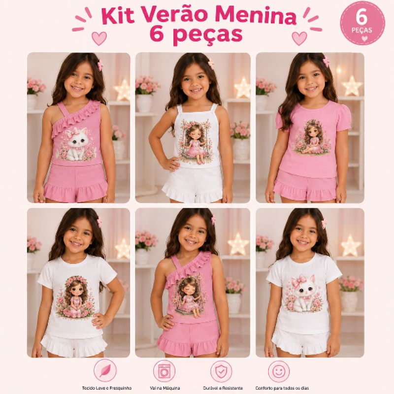 Kit Infantil Menina 6 Peças Verão – 3 Blusas + 3 Shorts – Conjunto Infantil Estampado Gatinha e Menina –  Confortáveis