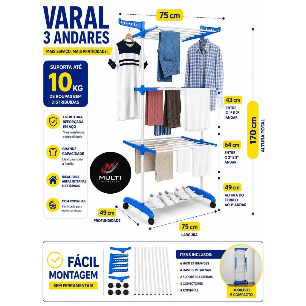 Varal de Chão 3 Andares com Rodinhas Dobrável e Suporte para Cabides